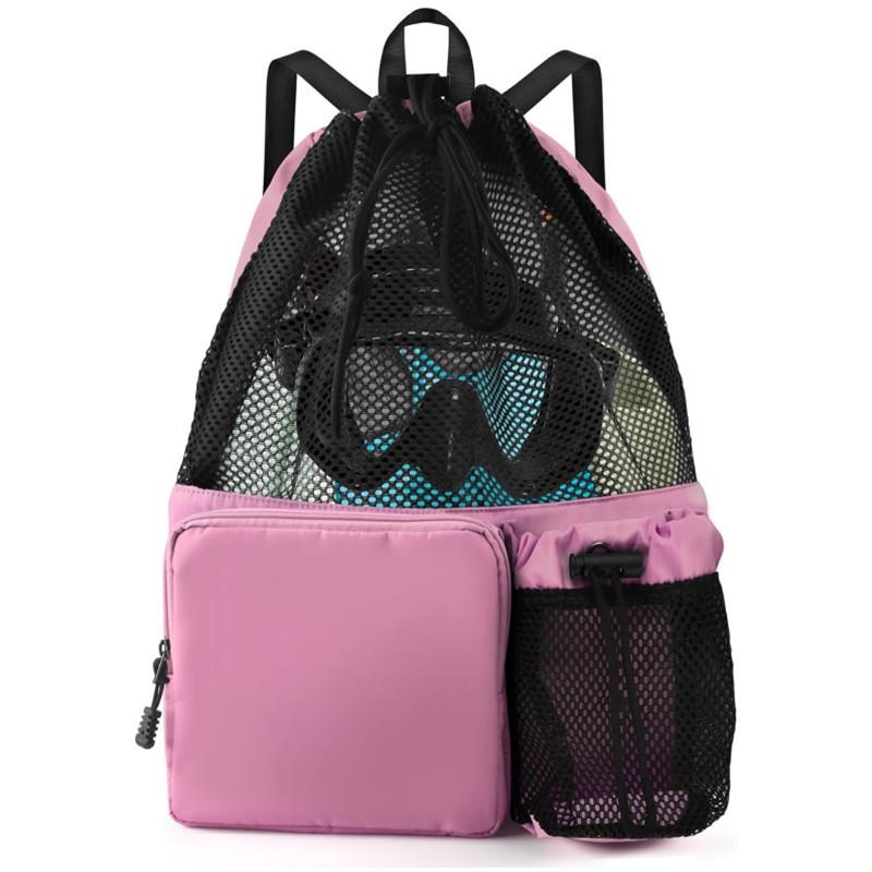 1pcs Mesh Drawstring Backpack Large Capacity Gym Beach Travel Bag Polyester Outdoor Sports Backpack