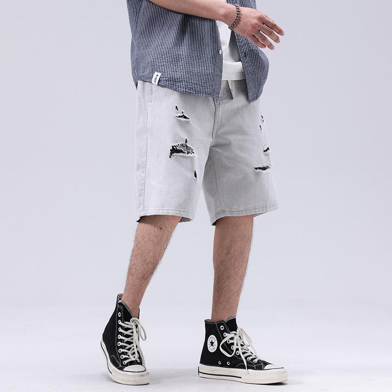 Ripped Denim Shorts Men's Summer American 5-point Mid-pants Loose Straight Five-point Pants
