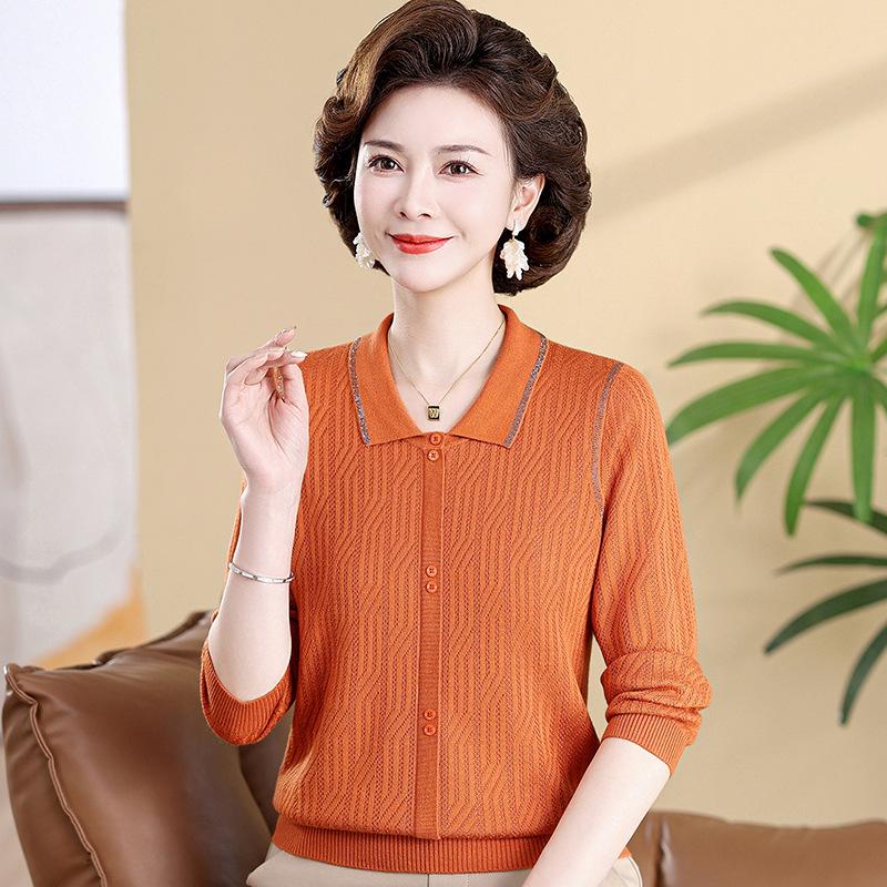 2026 Spring Arrival: Versatile Knit Sweater with Lapel for Middle-Aged and Elderly Women