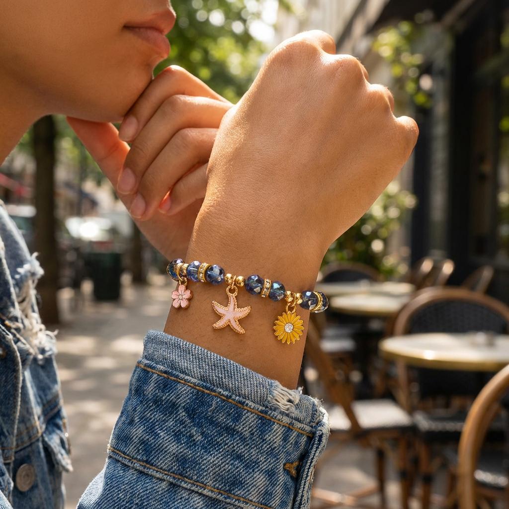 Bohemian Blue Crystal Beaded Bracelet for Women Gold Color Tone Starfish Sunflower Charms Elastic Hand Chain Summer Jewelry Gift