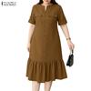 Women Casual Round Neck Loose Ruffles Hem Solid Color Half Sleeve Dress