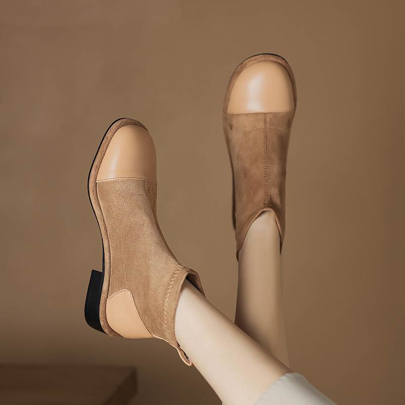 Krazing Pot Flock Autumn Winter Shoes Low Heels Size 43 Stretch Boots Back Patch Work Street Wear Elastic Ankle Boots