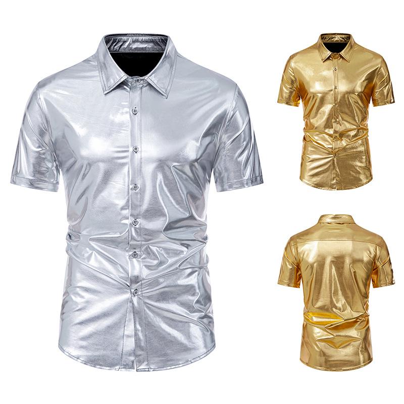 2024 European & American Men's Shiny Disco Short Sleeve Shirt - Youth Hot Stamping, European Size