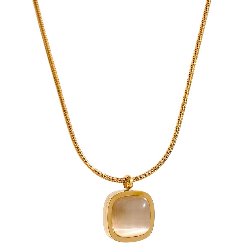 

Yhpup Square Green Opal Stone Pendant Drop Dangle Necklace for Women Charm Jewelry Minimalist Geometric Stainless Steel Necklace
