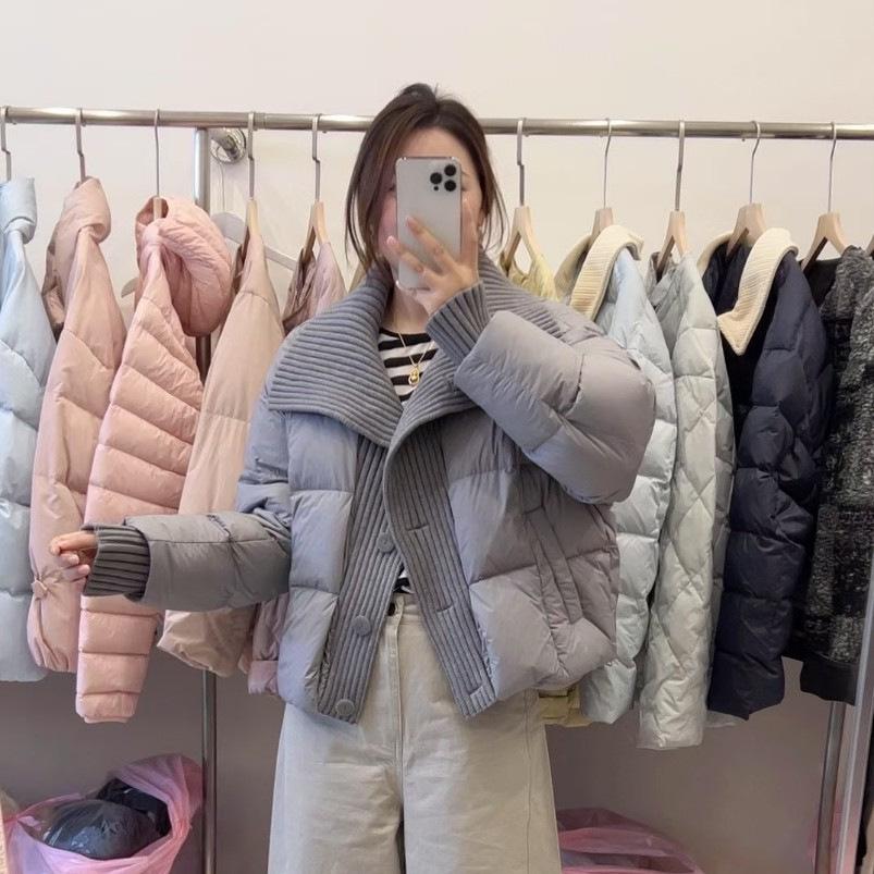 2026 Winter Women's Knit Patchwork White Duck Down Jacket - European & American Fashion Loose Fit Warm Outerwear