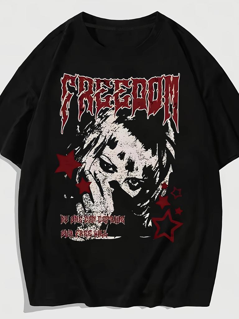 Round Neck Tshirt Gothic Grunge Freedom Star Print Punk Rock Aesthetic Streetwear Pattern Tshirt Y2k Trend