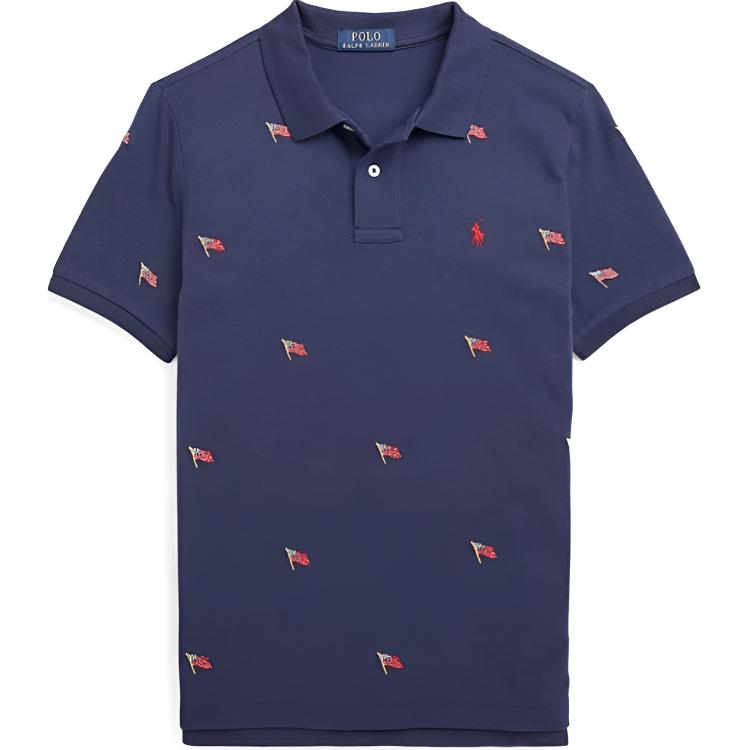 

Поло Ralph Lauren с вышивкой флага Хлопок Пике Пуговицы Короткий рукав Детские топы Глубокий синий 323910226-001 L