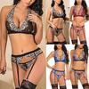 Lace Trim Bra Halter Top with Adjustable Straps Garter Belt with Adjustable Hooks and Matching Panty Three Piece Lingerie Set for Women