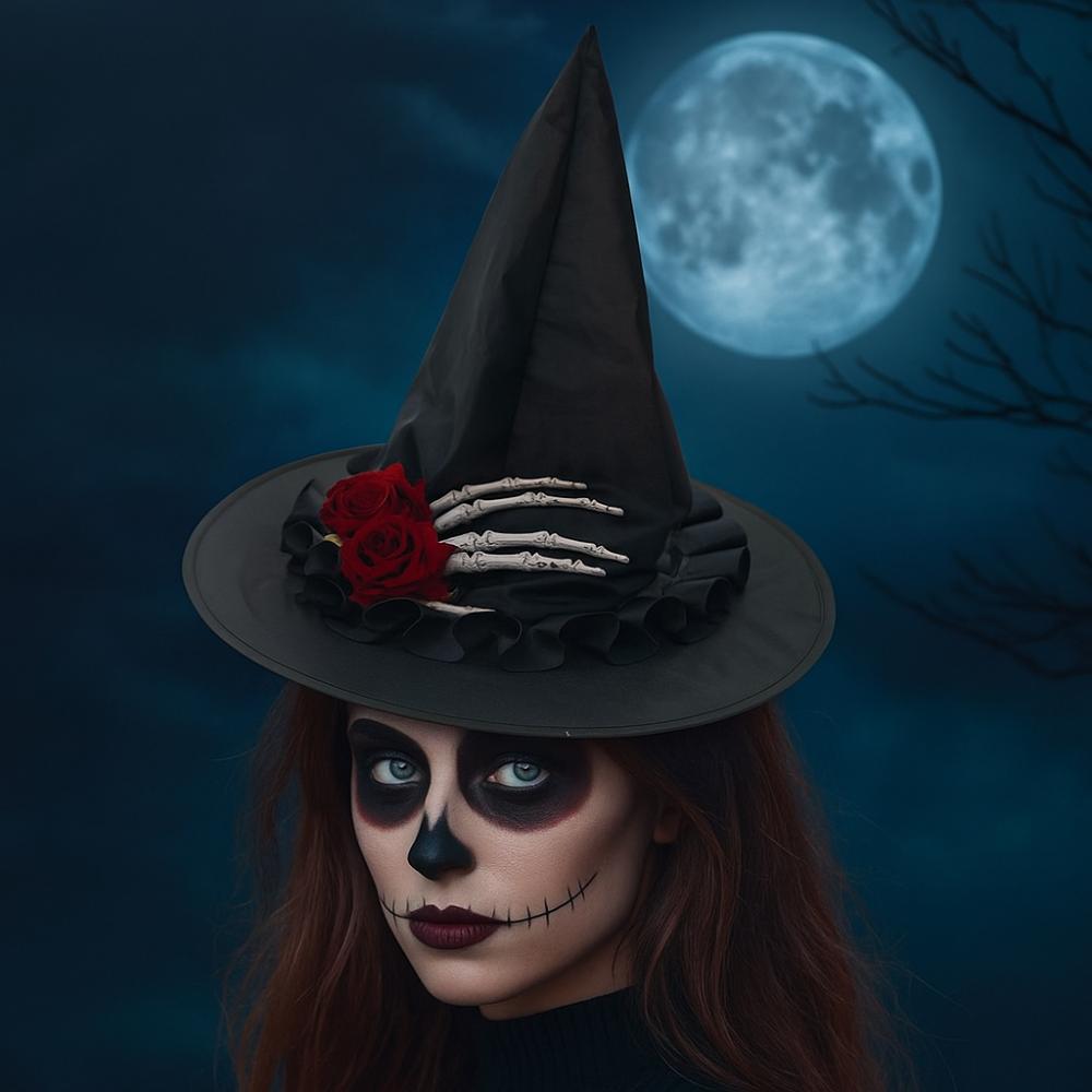 Black Skull Wizard Cap Skeleton Hand Witch Hat Portable Halloween Witch Hats  Accessories