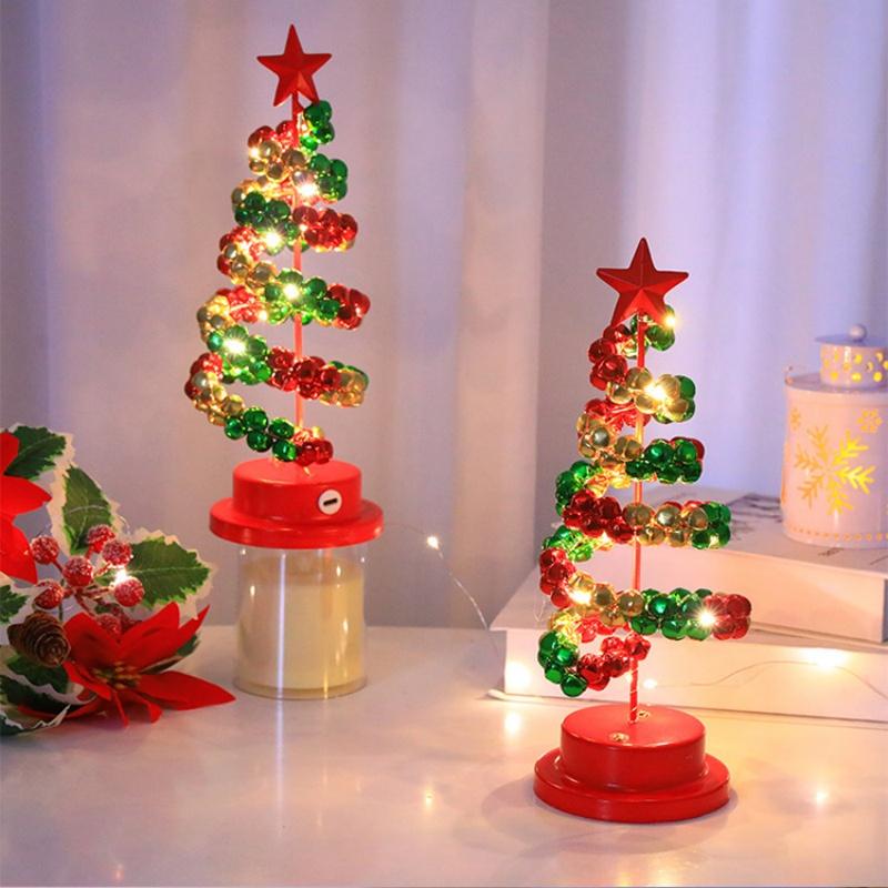 Christmas Tree LED Light Rechargeable 28.5cm Jingle Bells Iron Spiral Tabletop Decor Xmas Desktop Ornament Home Holiday Gift