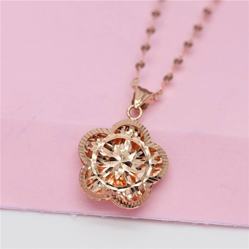 

Exquisite Purple Gold Color Gold Fashionable Elegance Exquisite Temperament High Grade Rose Gold Plated Hollow Flower Pendant Necklace Set Chain