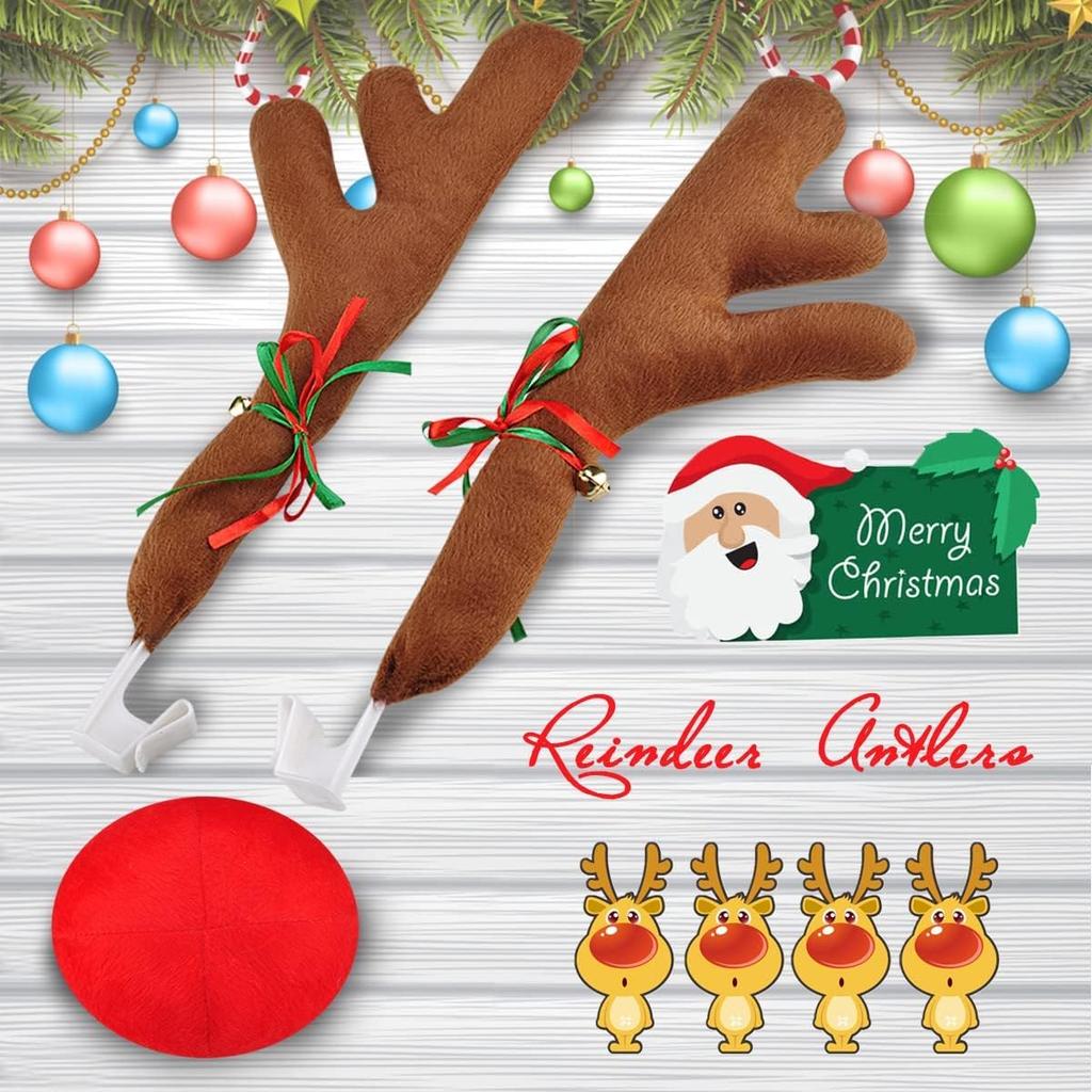 Car Reindeer Antler Kit Nose, Car Reindeer Antlers Christmas For Car Window Roof-Top & Front Grille, Auto Reindeer Antler And Nose Kit Decoration Set