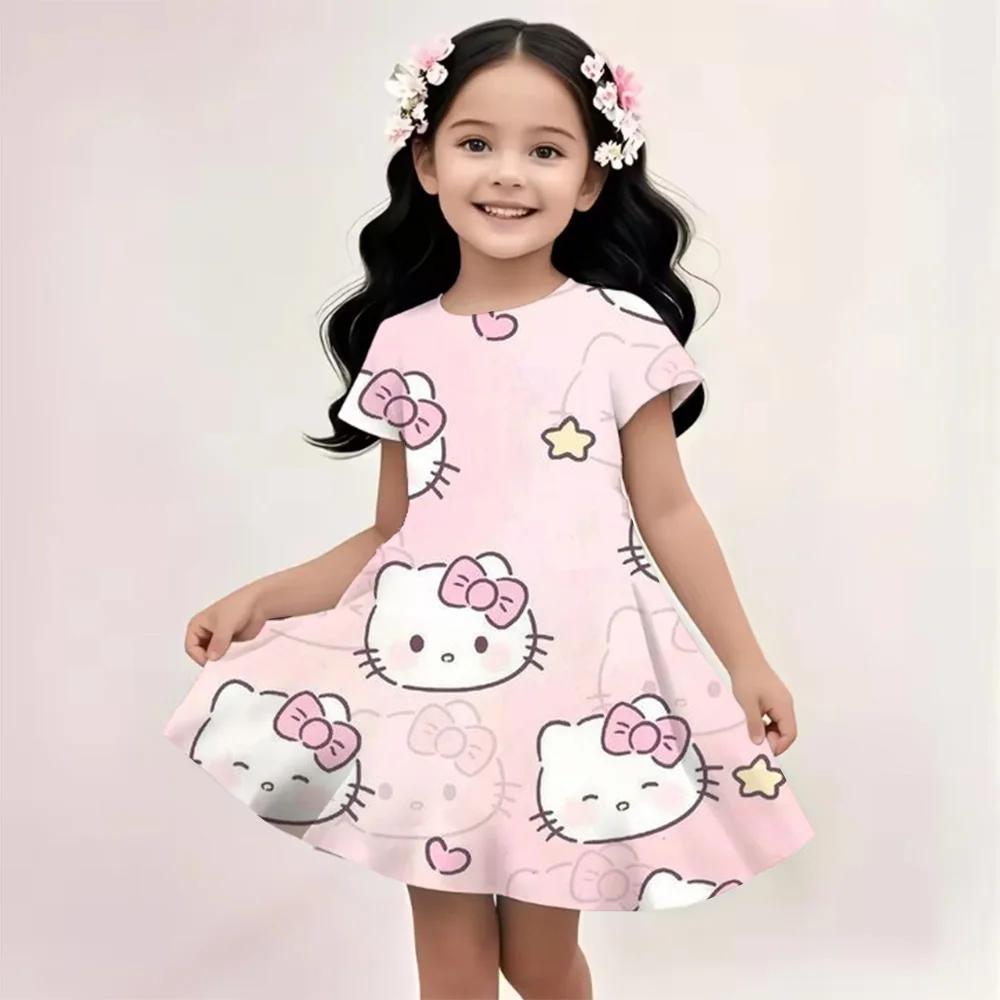 2025 Summer Girls Dress Fashion Cartoon Cute Cinnamoroll &Hello Kitty 3D Printing Dresses Kids Short Sleeve Princess Clothing