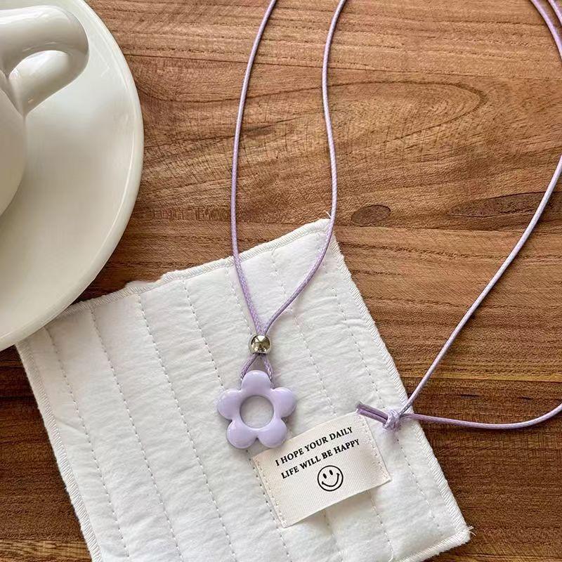 Dopamine Color Flower Long Rope Necklace Women Hollow Flower Pendant Necklace Adjustable Knot Sweater Chain Party Jewerly