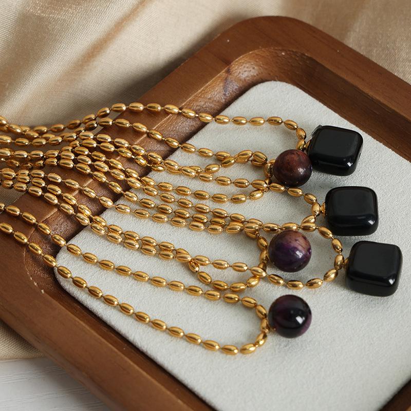 Vintage Naturstein Achat Anhänger Halsketten für Frauen 18K vergoldet Edelstahl Reisperlen Damen Halsketten Halskette