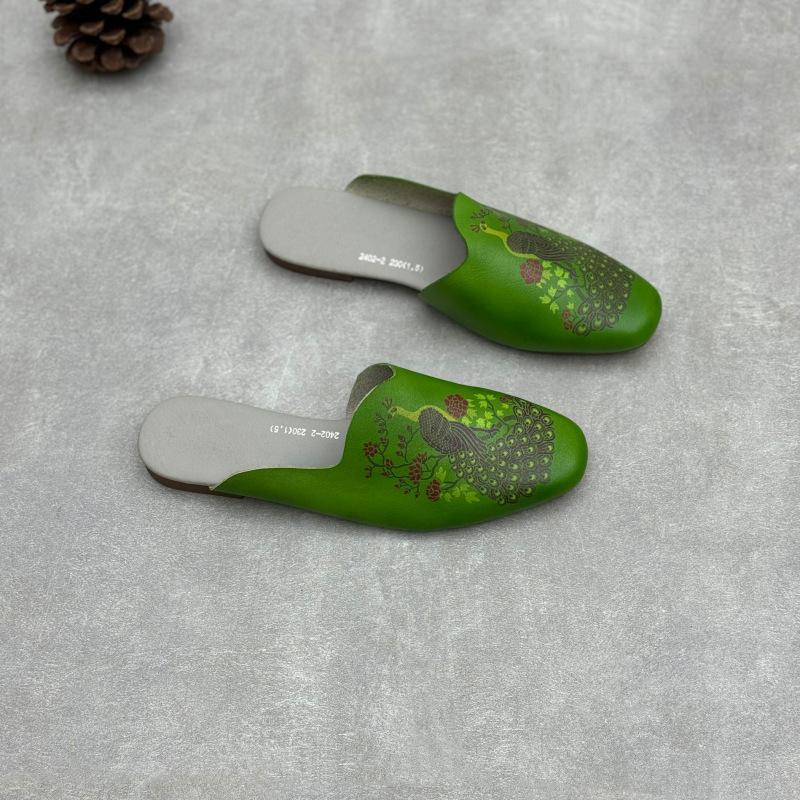 Genuine Leather Flip-flops Ethnic-style Hand-painted Shoes Cowhide Flat-bottomed Flip-flops