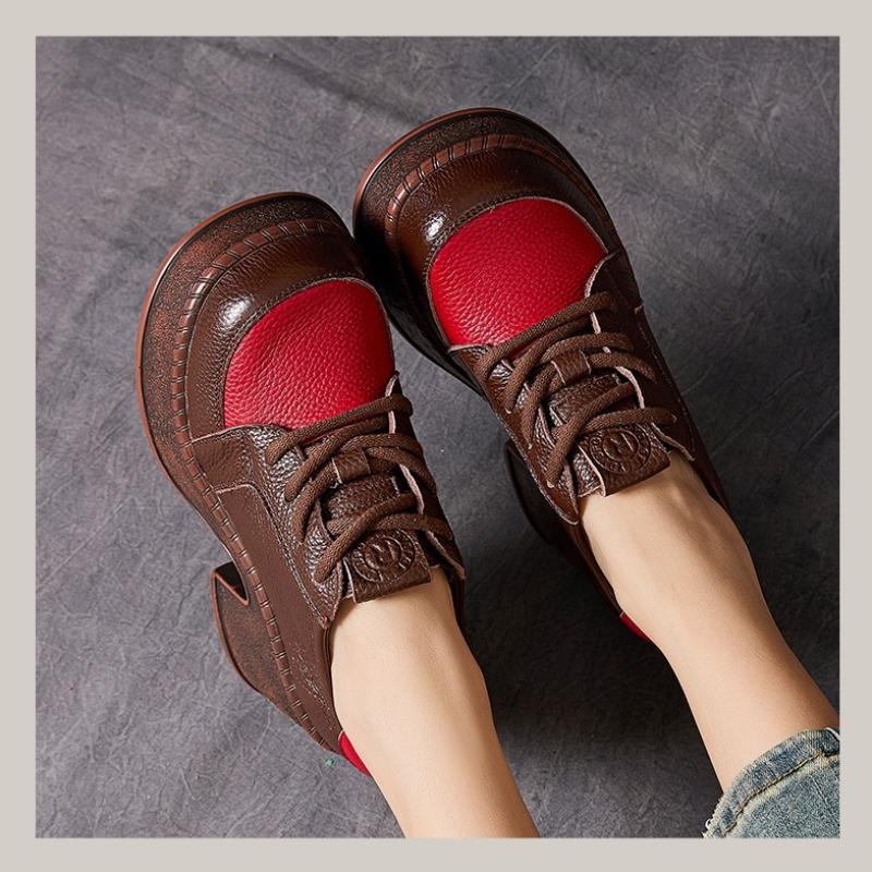 Fashion New Retro 7cm High Heels Women Shoes Flat Platform Thick Heels Shoes Mixed Colors Genuine Leather 2025 Luxury Lace Up Shoes