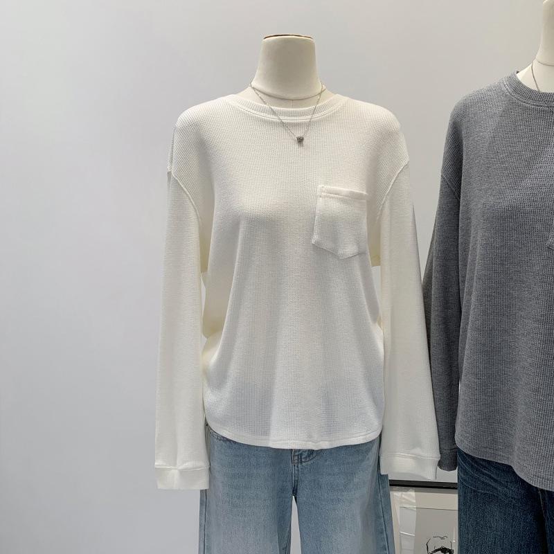 

Women s Grey Waffle Knit Long Sleeve Pocket Top - Winter New Arrival Large белый