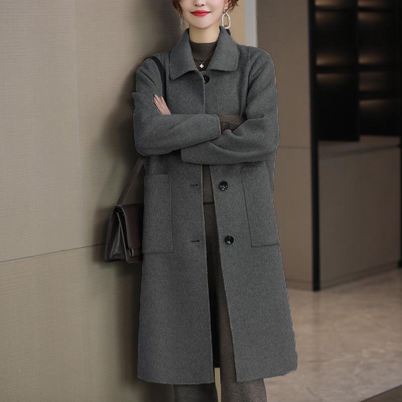 Cappotto di Lana Stile Hepburn Coreano - Grigio, Lunghezza Media, Vestibilità Slim, Soprabito Largo per Autunno/Inverno.