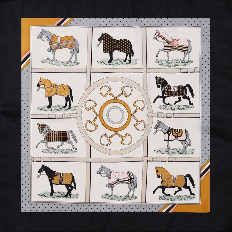 [POBING] 100% Silk Square Scarf Women  Brand Foulard NeckerChief High Quality Silk Horse Scarves Shawl Hijab Office Bandana