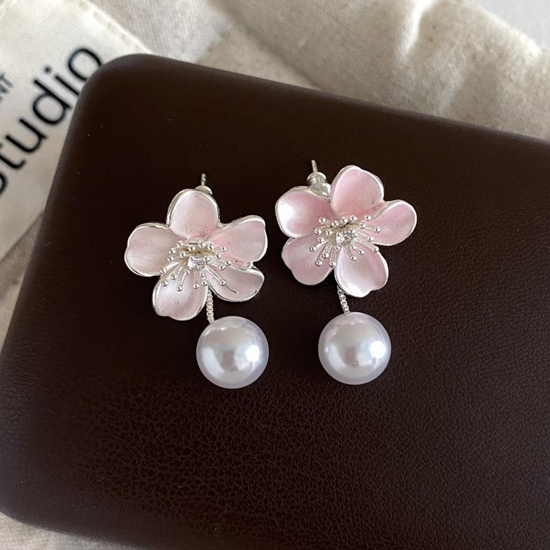 Korean Style Silver Needle Zirconia Enamel Flower & Pearl Earrings - Elegant, Light Luxury Accessories for Women