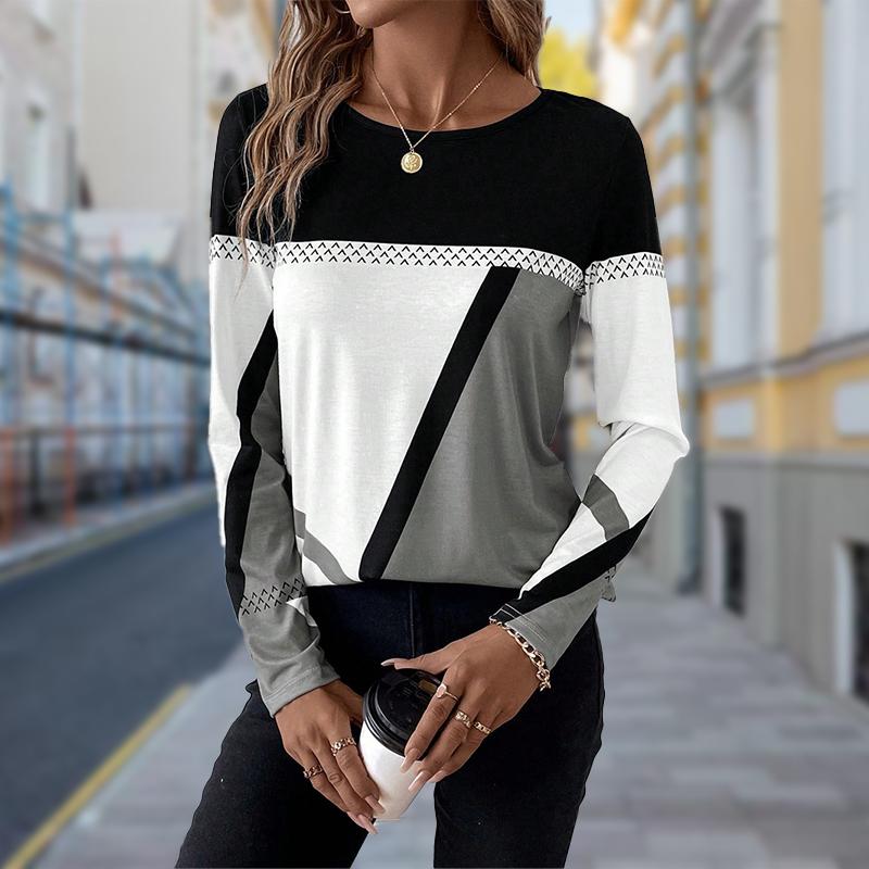 

Женские осенние топы с квадратным цветным принтом, повседневная футболка с длинным рукавом, топ, блузка 8XL серый