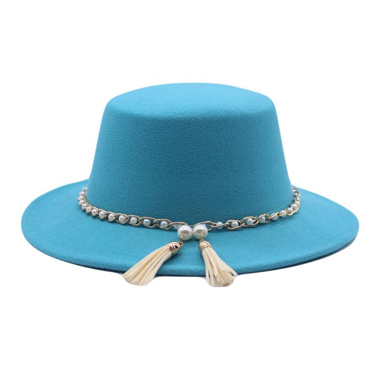 European, American and British Style Retro Fringed Pearl Chain Woolen Felt Hat Wide Brim Top Hat Flat Top Lady Hat Trendy Girl