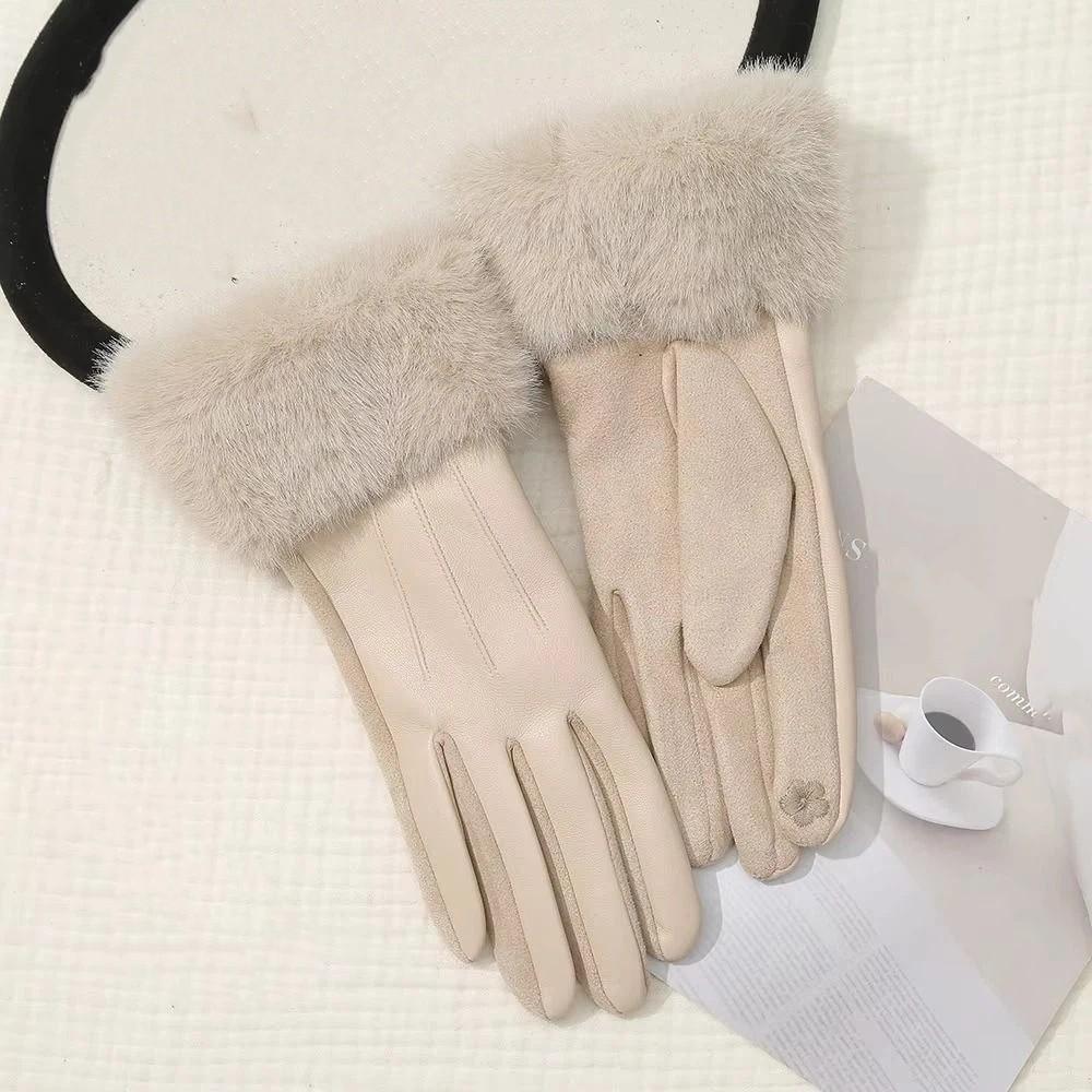 Solid Color Women's Leather Gloves Thicken Women's Winter Thermal Gloves  Cold Weather