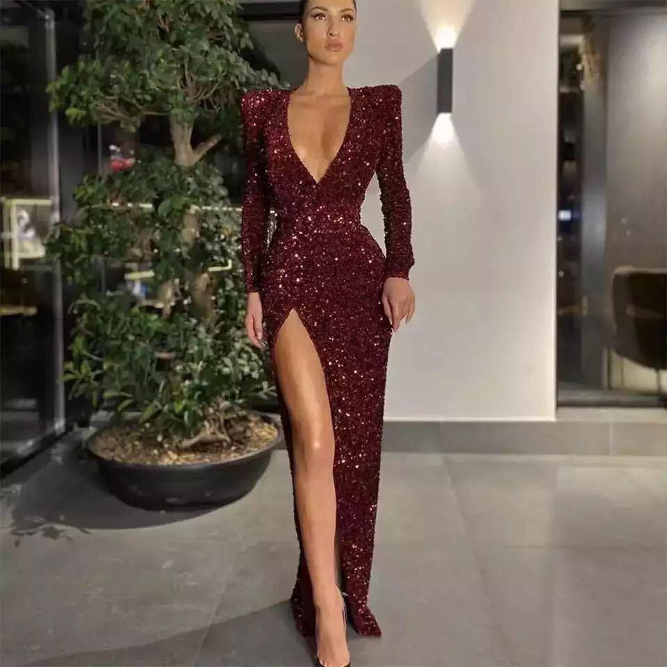 2025 Women's Sexy Deep V Long Sleeve Slim Sequin Dress Split Dress