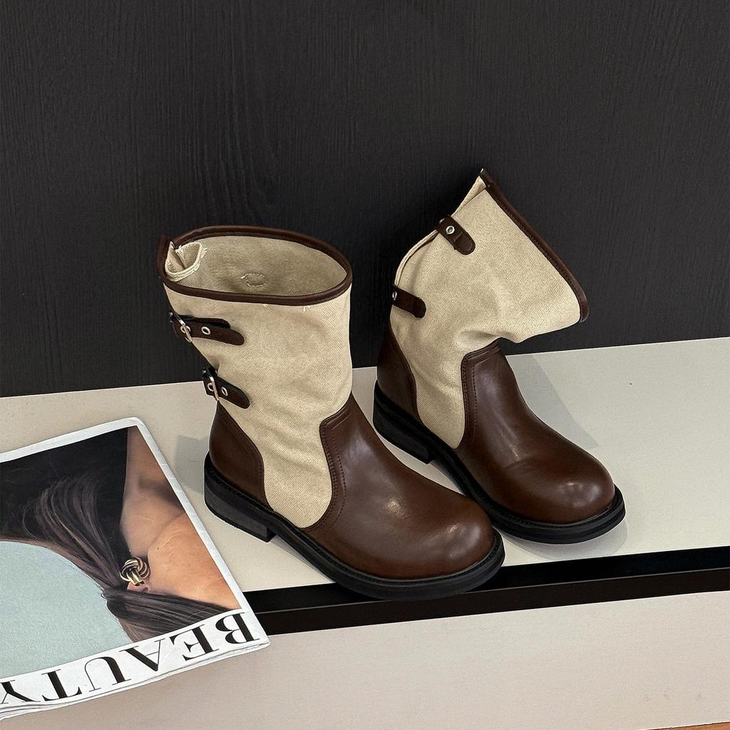 Color Matching Belt Buckle Knight Boots Women's New Medium Boots Design Sense Niche Thick Heel Linen Martin Boots
