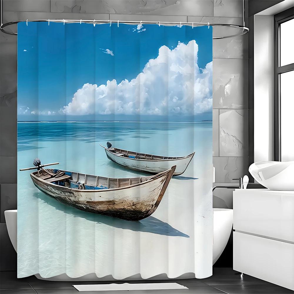 Ocean Beach Wooden Boat Shower Curtain, Bathroom Decorative Shower Curtain, Waterproof Shower Curtain with Hooks