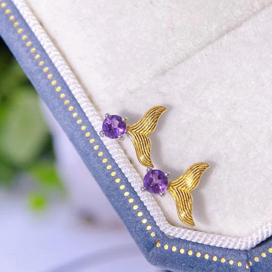 Natural Amethyst S925 Silver Women s Stud Earrings - Internet Celebrity Style S925 Silver