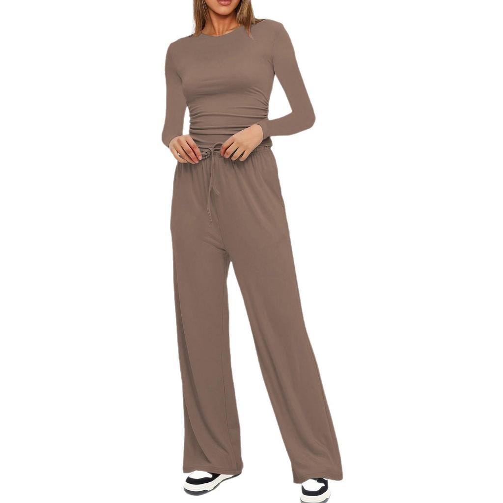 Kardashian Style Comfy Wide-Leg Tie-Up Set with Long Sleeves