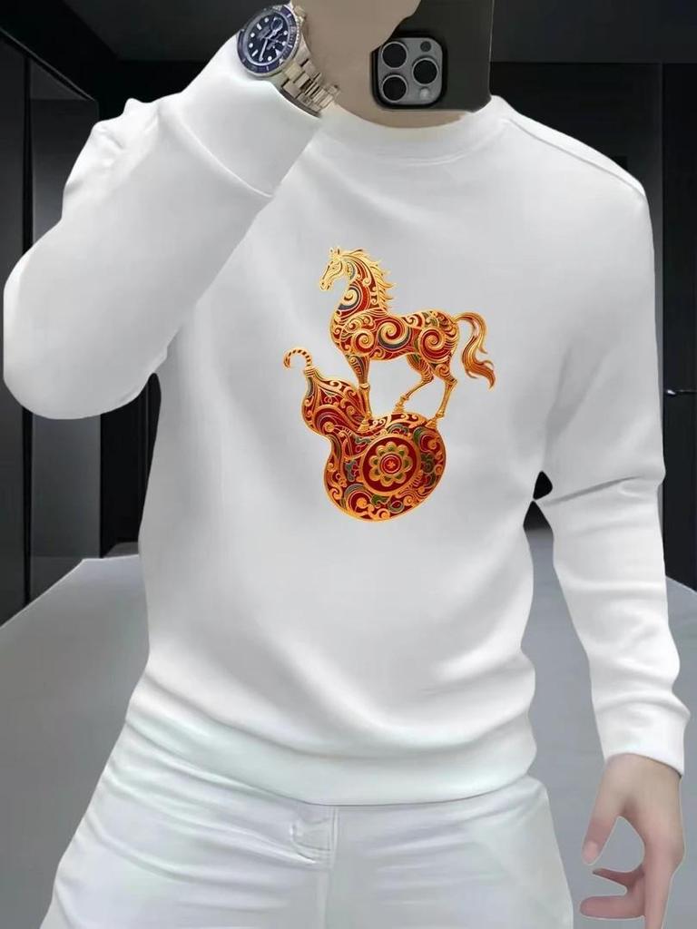 Men's Heavyweight American Style Round Neck Sweatshirt - Spring/Autumn, Long Sleeve, Loose Fit, Plus Velvet for Extra Warmth