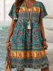 Women's Floral Print V-Neck Short Sleeve Bohemian Dress with Geometric Patterns