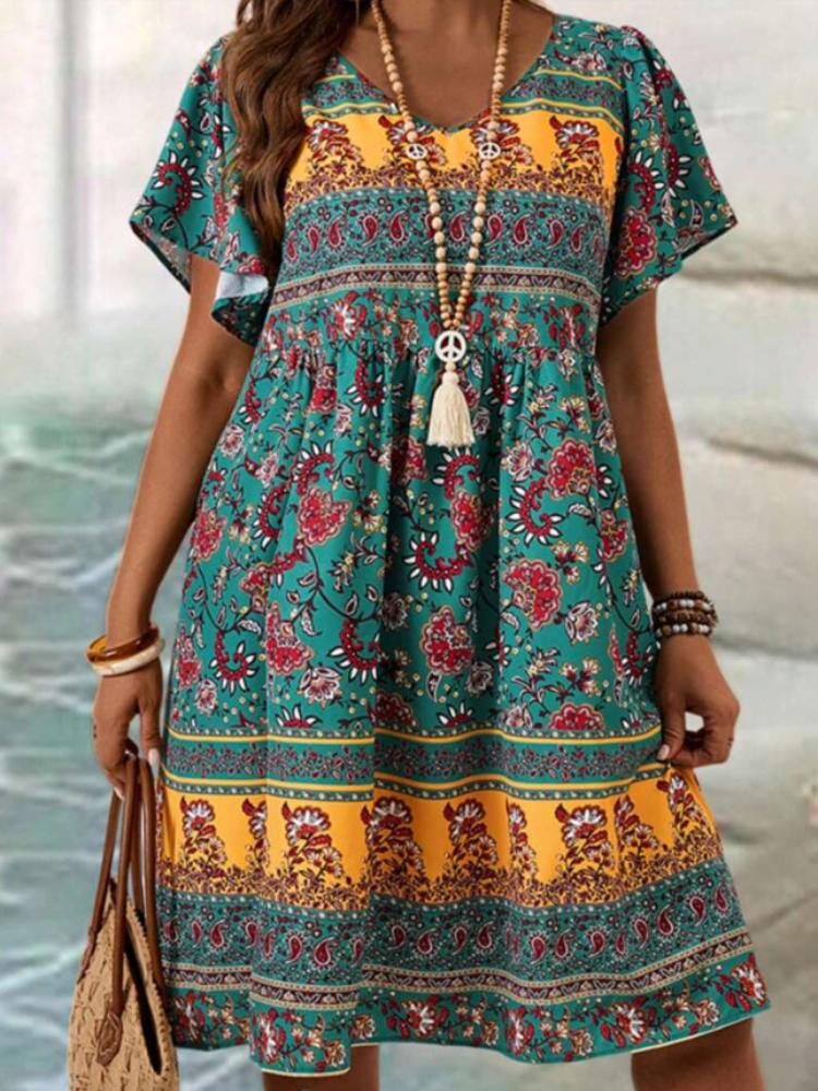 Women's Floral Print V-Neck Short Sleeve Bohemian Dress with Geometric Patterns