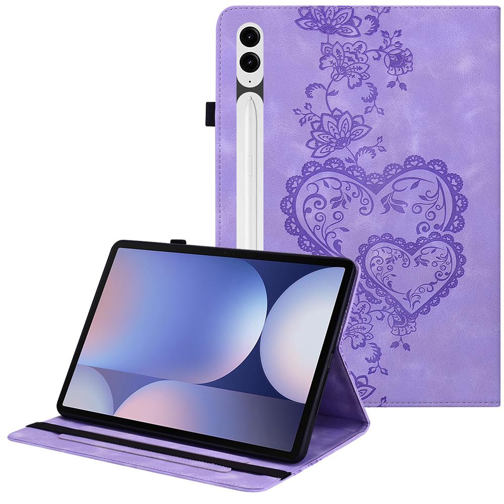 Leather Case For Samsung Galaxy Tab S10+/S9 FE+/S9+ Heart Imprint Foldable Stand Card Slot Stylus Holder Tablet Cover