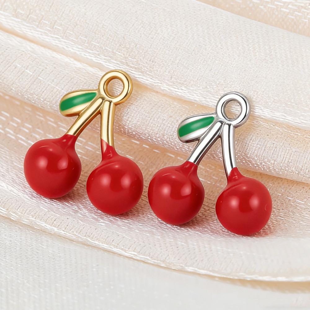 5pcs Red Enamel Cherry Charms Stainless Steel Fruit Pendants for DIY Bracelets Necklaces Jewelry Making Accessories Handmade DIY