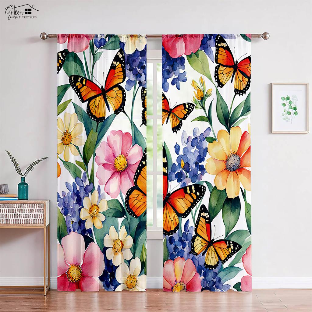 2-Piece Wooden Wisteria Flower Butterfly Printed Window Curtains Pastoral Style Bed Room Living Area Study Kitchen Curtains