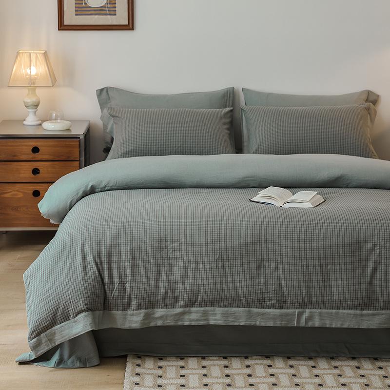 

2026 Spring/Summer Men s Pure Cotton Striped 4-Piece Bedding Set: Washed Cotton Bed Sheet & Duvet Cover. Standard 1.5/1.8m Bed (Duvet 200x230)