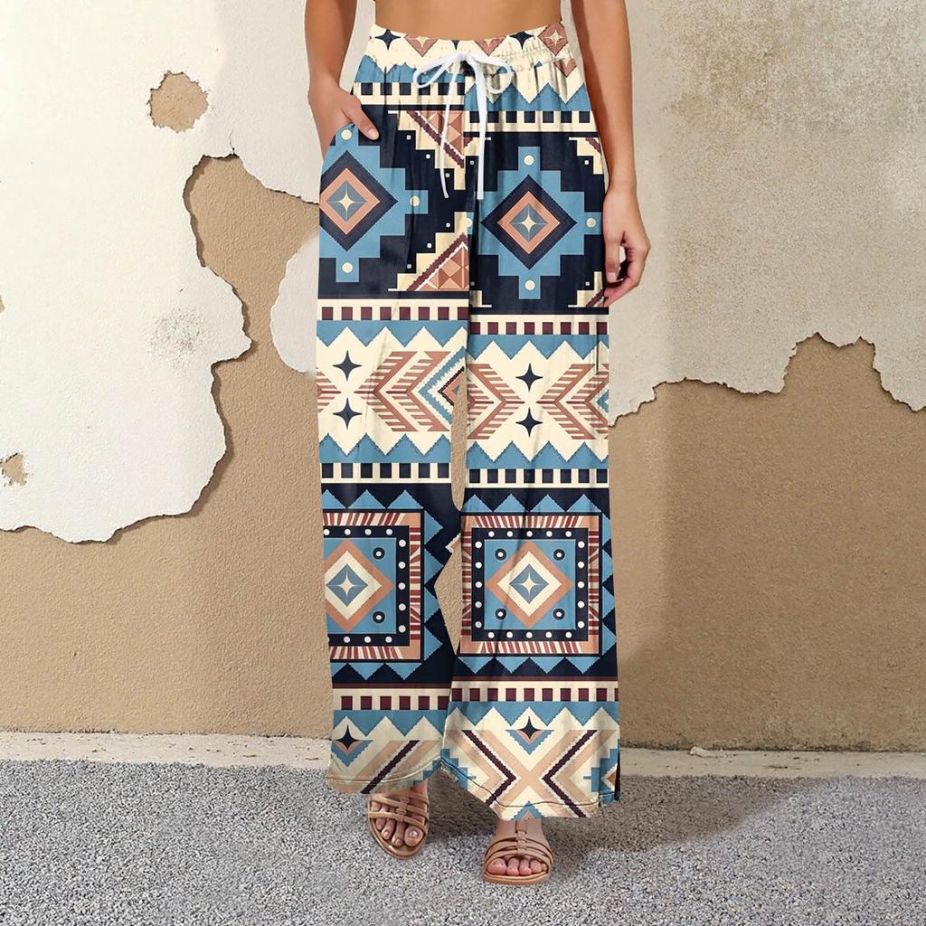 Women's Printed Wide Leg Pants With Pockets High Waist Drawstring Loose Casual Pants