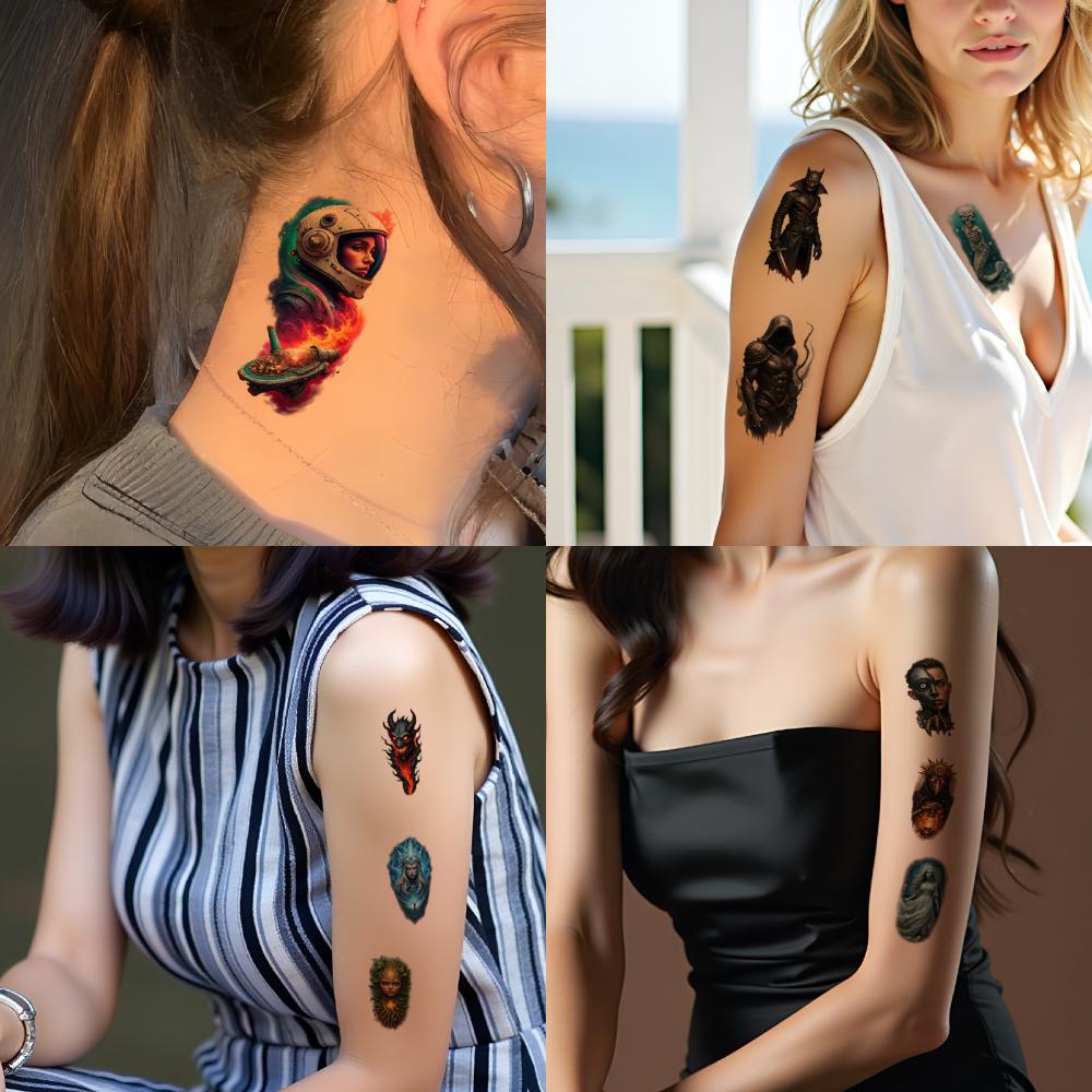 9pcs Temporary Tattoo Realistic Temporary Tattoos Winged Creature Night Warrior Ghostly Woman For Arms Back Shoulders