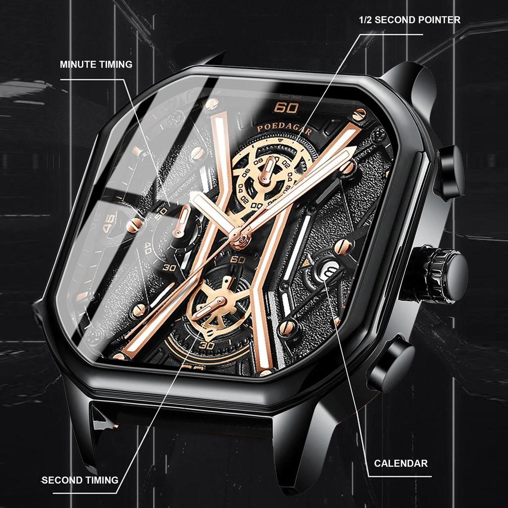 POEDAGAR Mode Herren Armbanduhren Luxus Chronograph Leuchtende wasserdichte Datumsuhr Quadratisches Zifferblatt Leder Quarz Business Uhren