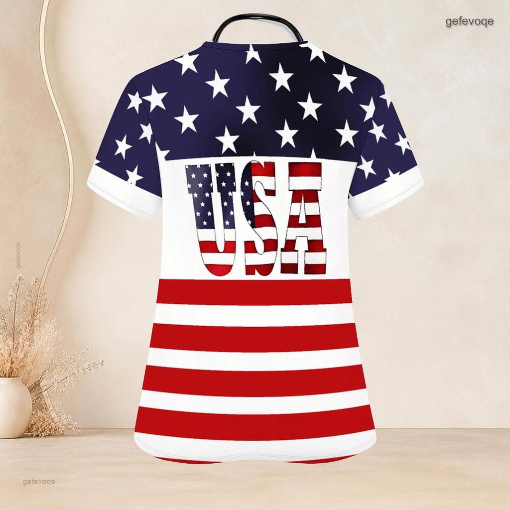 Women Plus Size Keyhole Neck Short Sleeve USA Flag Printed Nurse Scrub Top With Front Pockets