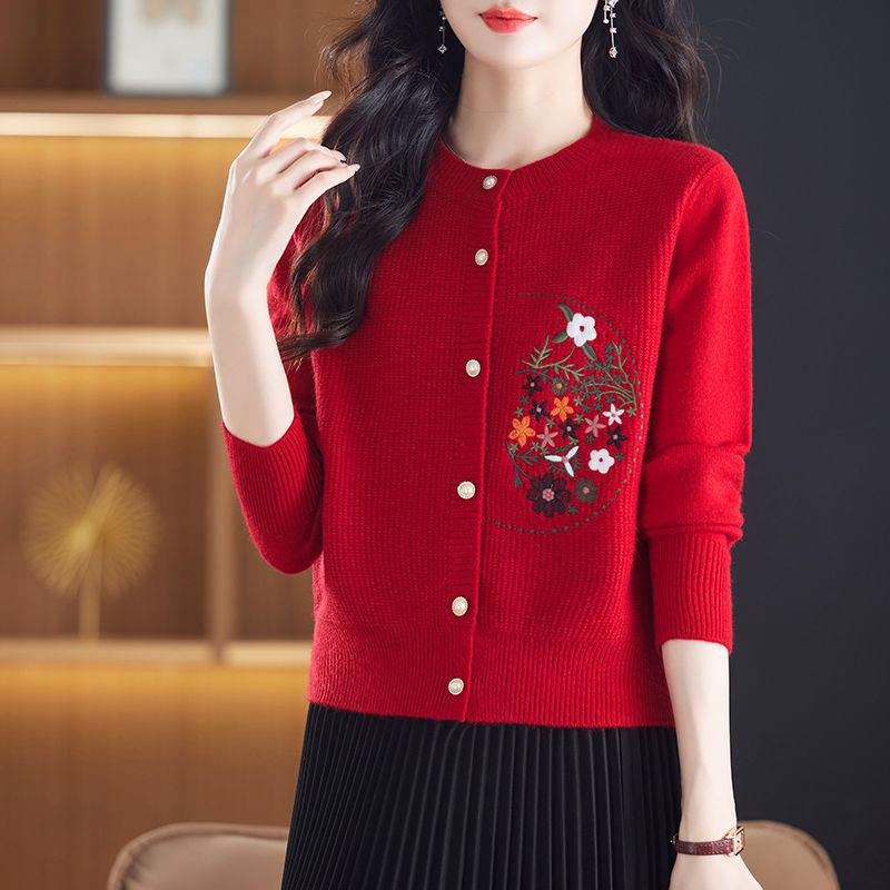Ethnic-Style Embroidered Knit Cardigan Jacket for Women - Spring/Autumn Loose Fit, Stylish Short Top