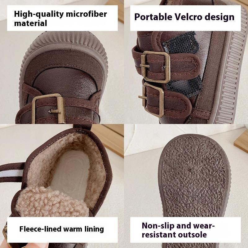 Winter Mid-cut Cotton Shoes for Children, Plus Velvet Soft-soled Casual Shoes for Boys and Girls, Velcro Cotton Shoes