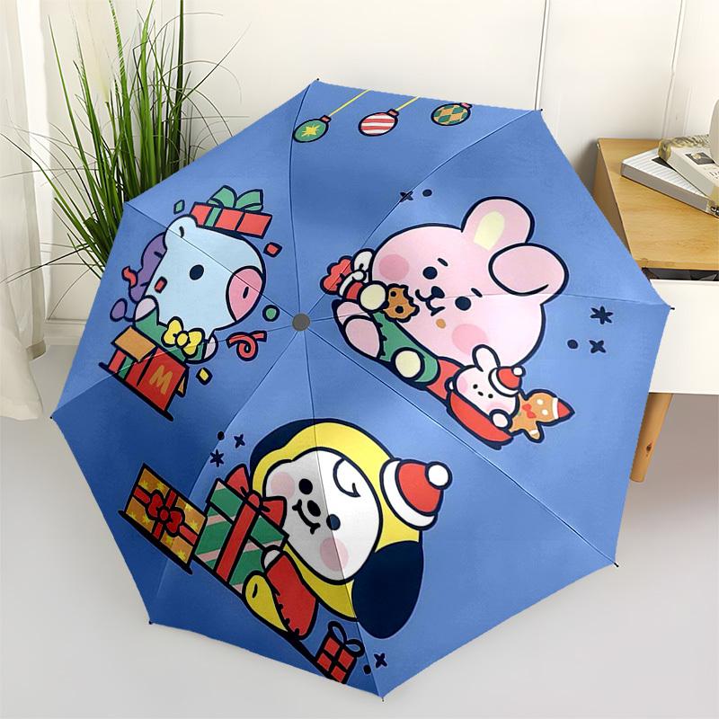 

1pc Christmas Edition Outdoor Umbrella - BT21 Characters Automatic Opening/Closing Umbrella with Portable Tri-Fold Design, 8-Rib Iron Frame, Perf