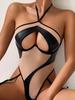 Role Play Lingerie Women's Sexy Mesh PU Leather Splicing See-through Slim Hanging Neck Free Temptation Erotic Open Anal Bodysuit