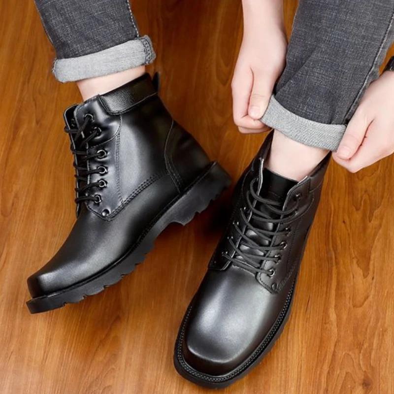 Genuine Leather Men's Winter Warm Wool Cotton Padded Lace Up High Top Snow Boots Fleece Lined Outdoor Slip Resistant