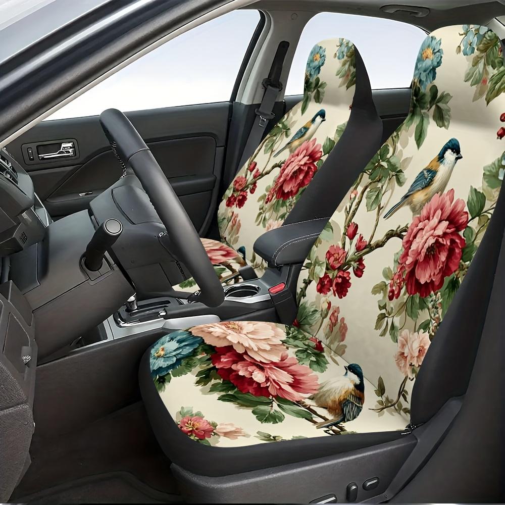 2pcs Vintage Floral Bird Car Seat Covers - Elegant Floral Pattern With Pink Peonies & Bluebirds, Durable Polyester, Fit For Cars